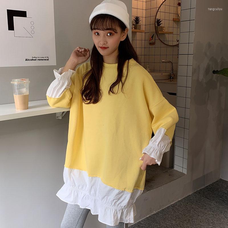 Women's Hoodies & Sweatshirts Korean Chic Flare Sleeve Patchwork O-neck Sweet Style Pullovers And Clothing Autumn Ladies Tops