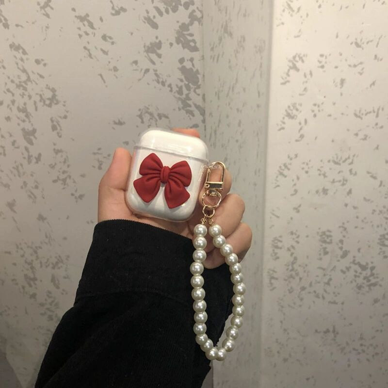 

Headphone Accessories Red Bow Cases For Airpods 1 2 3 Airpod Earphone Protector Air Pod Pro Case With Detachable Pearl Chain Airpodspro Shell