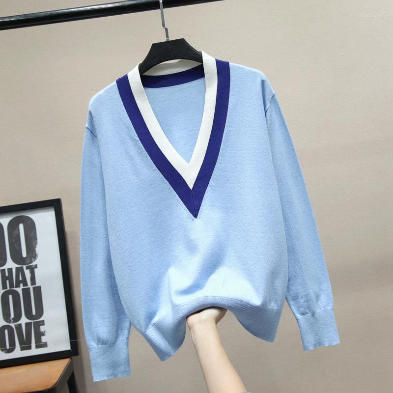 

Women' Sweaters Verlena Preppy School Women Sweater Sky Blue Knitted Stripe Deep V-Neck Autumn Pullover Long Sleeve Tops Clothing 2022Women