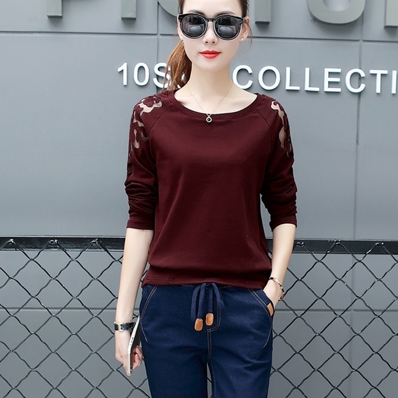 

Hollow Out T Shirt Women Tee Shirt Femme Yellow Tshirt Camisetas Mujer Verano Autumn Fashion Long Sleeve Women Tops Y200109, Red