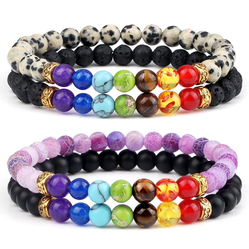 

Beaded, Strands 2Pcs/Set 7 Chakra Reiki Beads Bracelet Charm 6mm Natural Lava Weathered Stone Balance Prayer Bracelets&Bangles Men Women