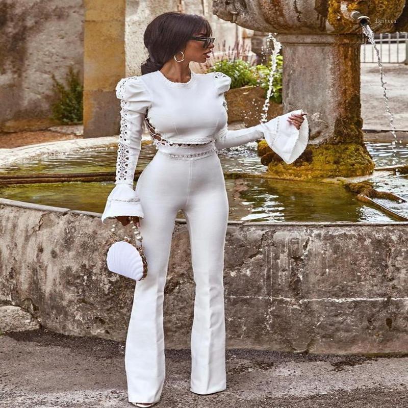

Women's Two Piece Pants White Black Sexy Fashion Flare Puff Top Wide Leg Long Party Club Bandage Sets Set