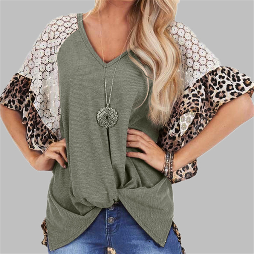 

Leopard Patchwork T-shirt Women Loose V-neck Tops Tee Batwing Sleeve Top Female Summer Short Sleeve 2022 New Knot Tee Shirts, Brown