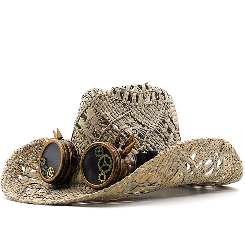 

Spring Summer Hand-Knitted Rolled Brim Malangrass Straw Hat Women Men Hollow Ethnic Style Cowboy Hat Outdoor Sun Protection Hat, As the pic
