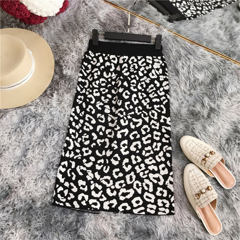 

Autumn winter Ol elegant skirt women Womens high waist knit leopardprint split lady slim stretch skirt female skirts Y200326, Beige