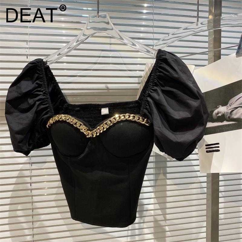 

DEAT Women Metal Chain Personality T-shirt Solid Color Square Collar Short Sleeve Fashion Spring Summer 11D1386 210709, Black