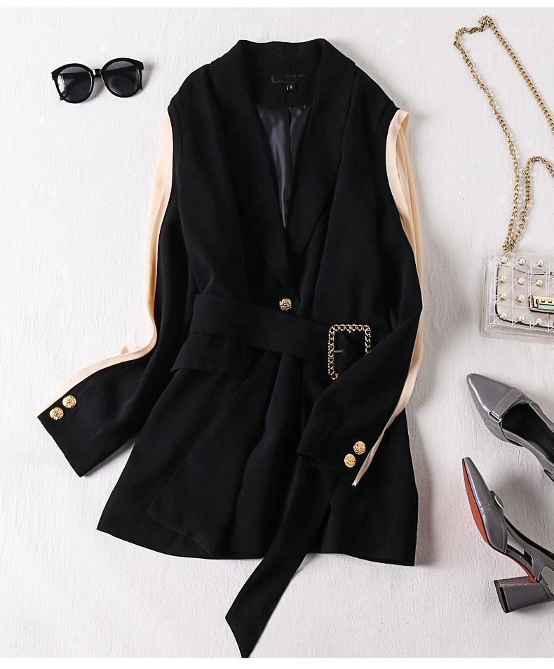 

Spring And Autumn Women Blazer Black Stitching Suit Female Belt Retro Fashion British Style Woman Suit1