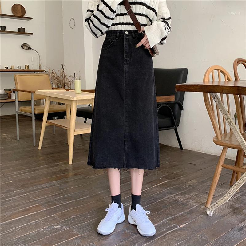

Skirts Autumn Skirt 2022 Vintage High-Waisted Long Burrs A- Line Denim Woman Mujer Faldas Saias Mulher, Black