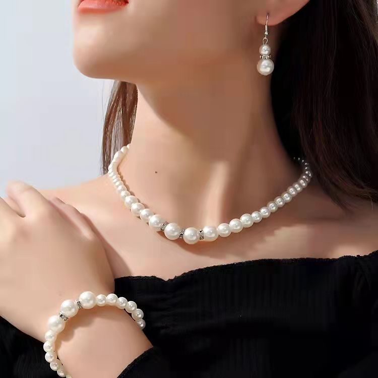

Jewelry Explosion Suit European And American Pearl Necklace Earring Bracelet Three Piece Set Bride Suit Accessories
