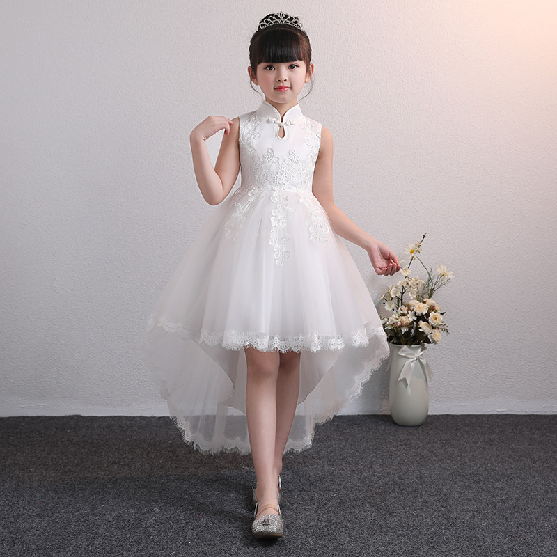 

New Design Kids Dress For Girls Wedding Party Tailing Tulle Elegant Princess Sleeveless Children Dresses, White