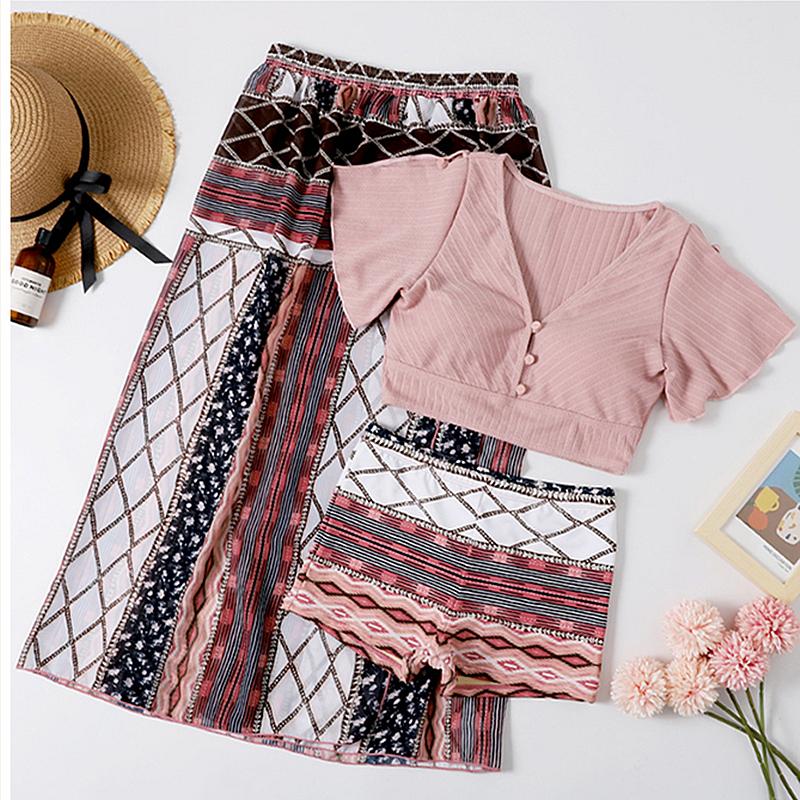 

Women' Swimwear Skirt Style 3-pieceKorean Short Sleeve Swimsuit Women' Sexy Pink Floral High Cut Tankini Plunge Bra And BriefsWomen