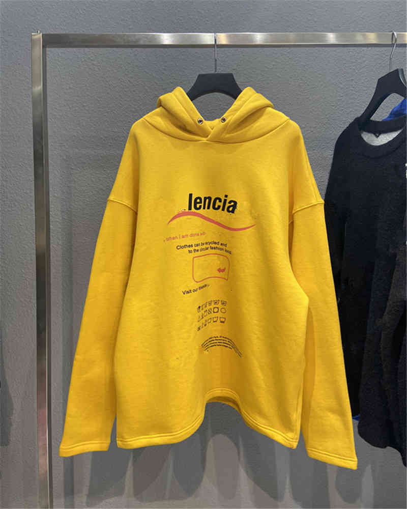 

Hip Hop Designer Balciga Hoodies High Version 21fw Autumn and Winter New Sweater Cola Wave Recycling Couple Loose Leisure Paris Sweater Ins Tide, Yellow