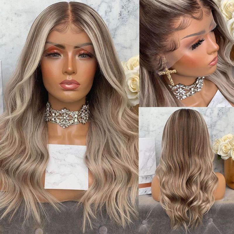 

Lace Wigs Full Human Hair Ash Blonde Highlight Wig For Women Dark Roots Wavy13x6 Front Transparent Remy 150%, 13x4 lace front wig