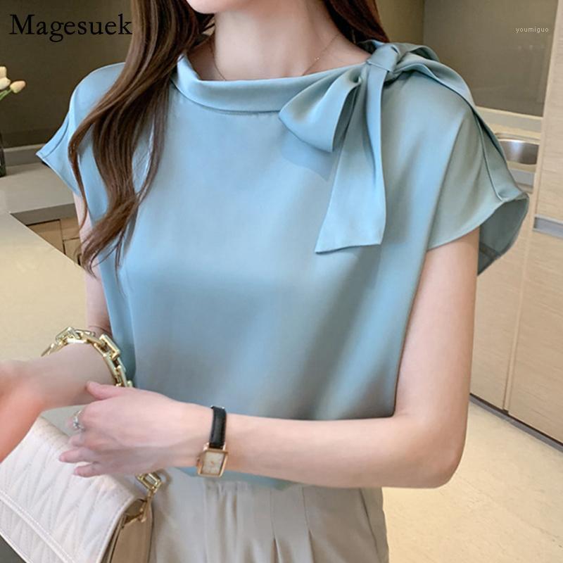 

Women' Blouses & Shirts Plus Size O Neck Bow Loose Woman Shirt Casual Women Clothing 2022 Summer Short Sleeve Silk Satin Blouse Tops Blusas, Green