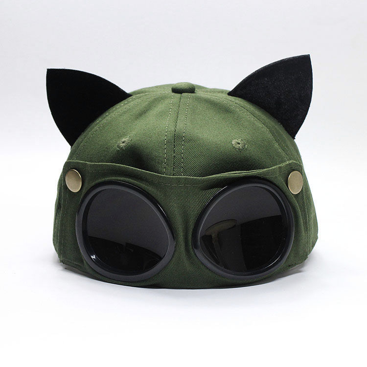 

cat mascot cute with cat ears pilot glasses baseball hat female spring and autumn sunglasses duck, Khaki