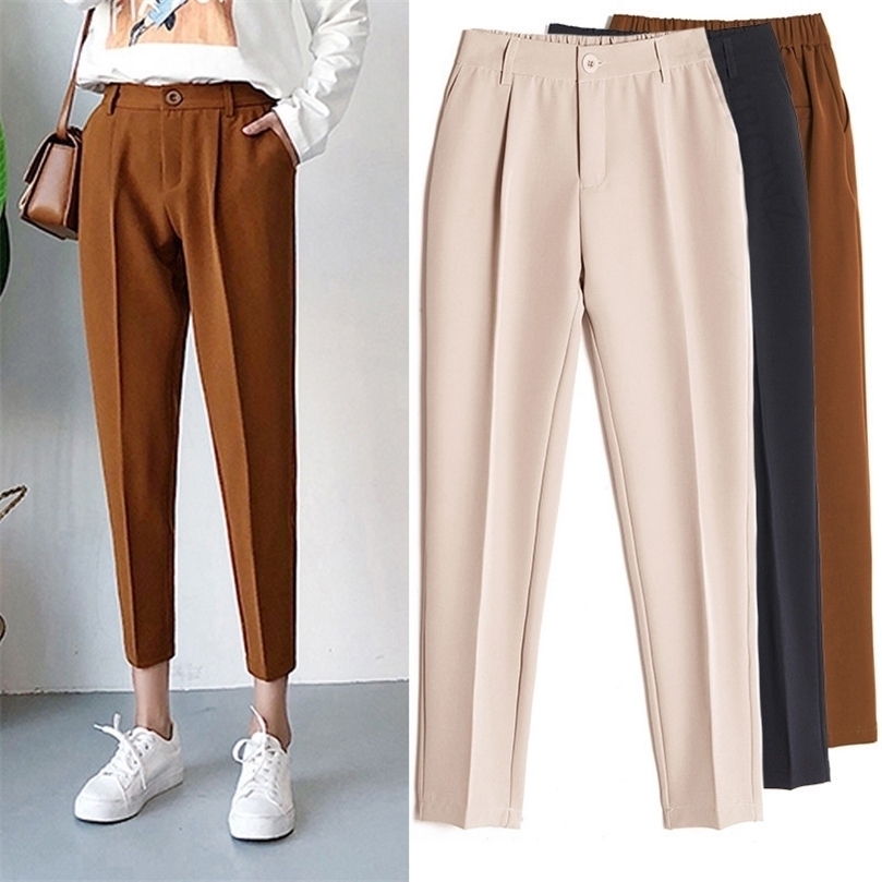 

Women's Casual Harem pants Spring Summer Fashion Loose Ankle-length Trousers Female Classic High Elastic Waist Black Camel Beige 201228