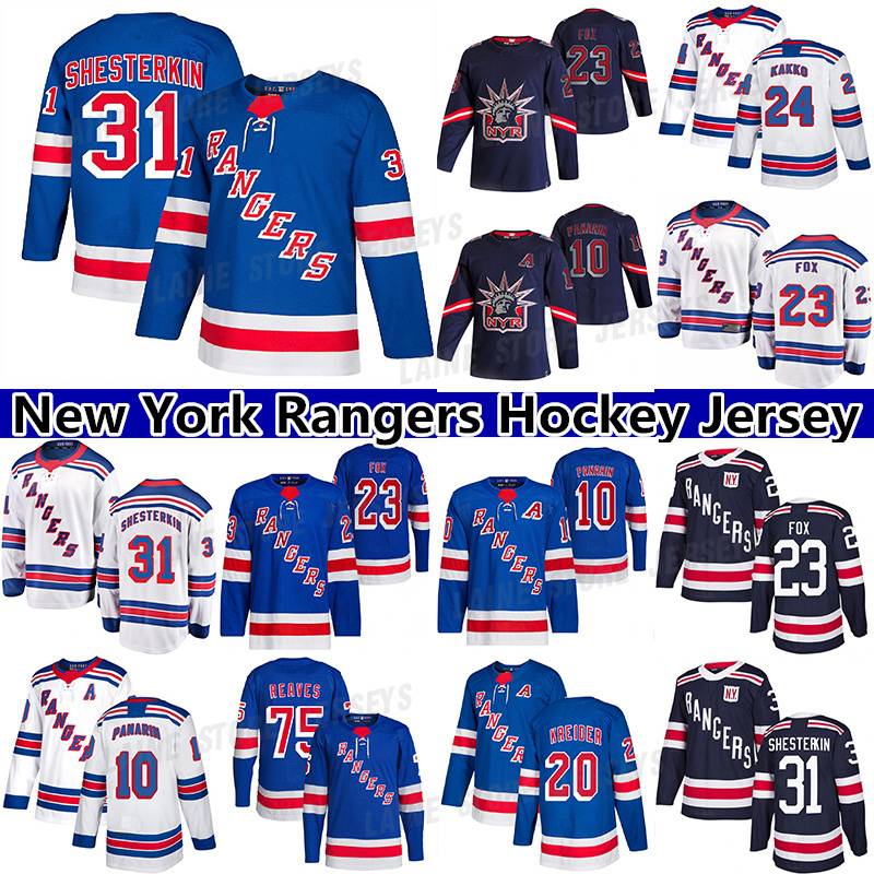 

New''York''Rangers'' hockey jersey 23 Adam Fox 31 Igor Shesterkin 10 Artemi Panarin 24 Kakko 75 Ryan Reaves 8 Jacob Trouba 93 Mika Zibanejad jerseys, Navy blue reverse retro women