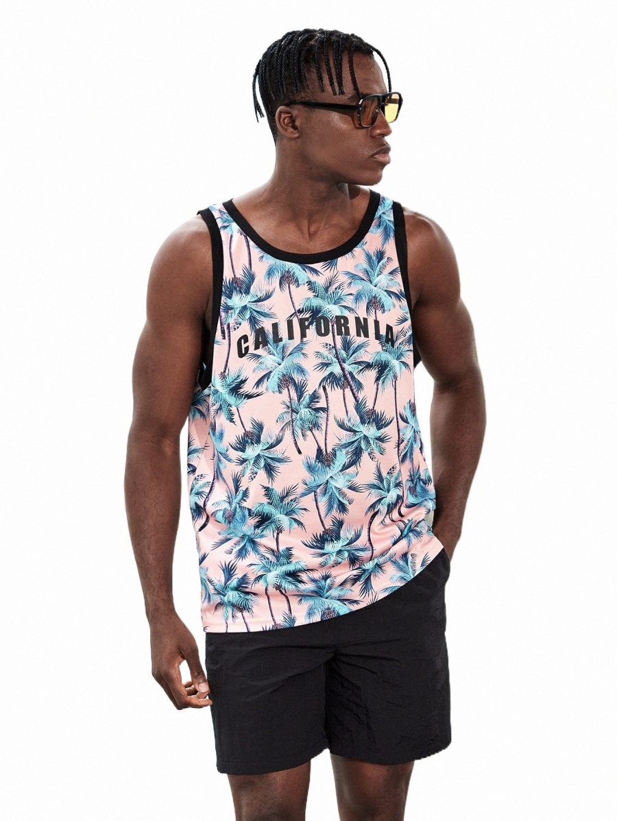 

men Palm Tree & Letter Graphic Tank Top W9zj#, Multicolor