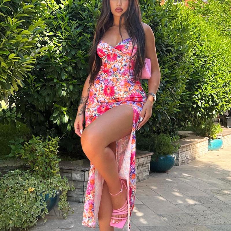

Casual Dresses Long Dress Women High Waist Floral Beach Party Summer Y2k Sexy Holiday Vestidos Spaghetti Strap Slash NeckCasual, Pink