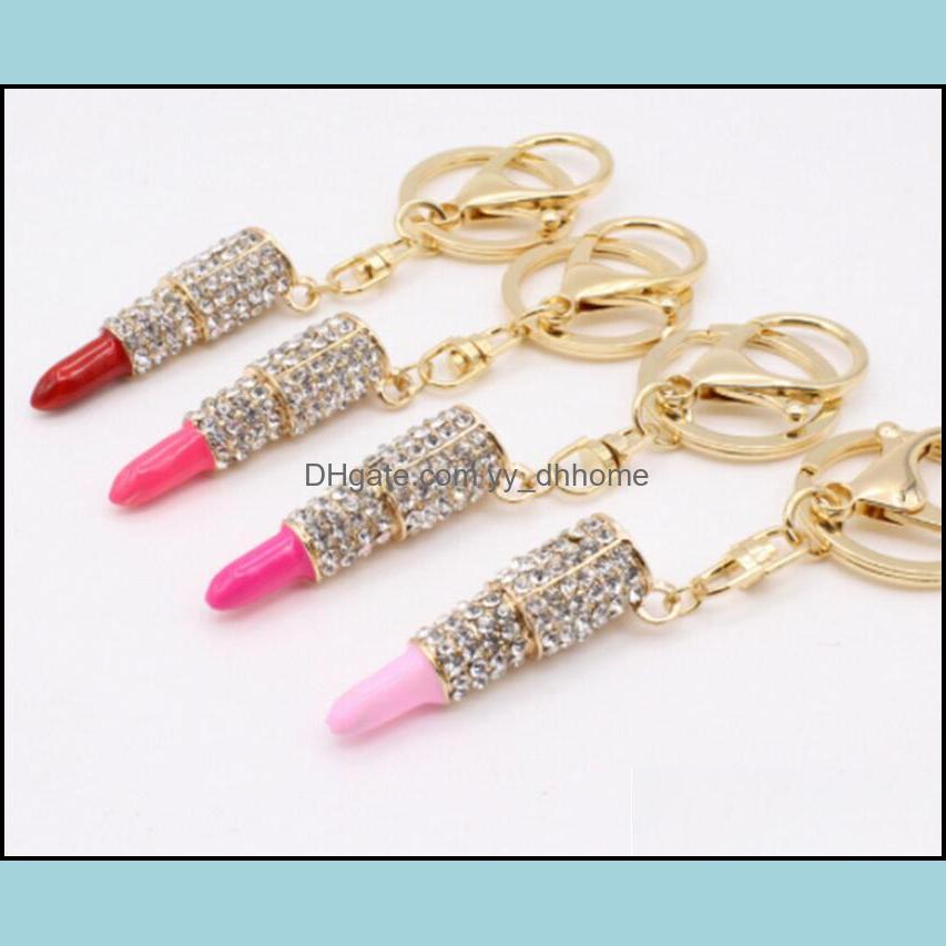 

Keychains Fashion Accessories Charm Crystal Keychain Lipstick Key Holder Rhinestone Keyring Red Rose Pendant Car Ornament Women Jewelry Ship