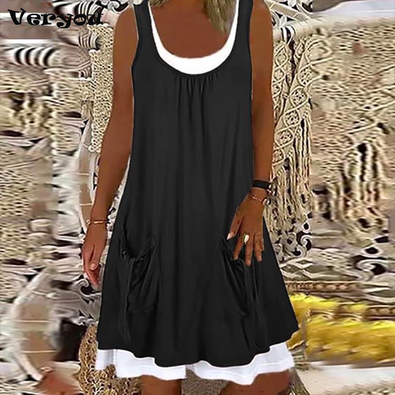 

Summer Patchwork Short Dress Women Casual O Neck Pocket Party Ladies Sleeveless Loose Beach Dresses, 08