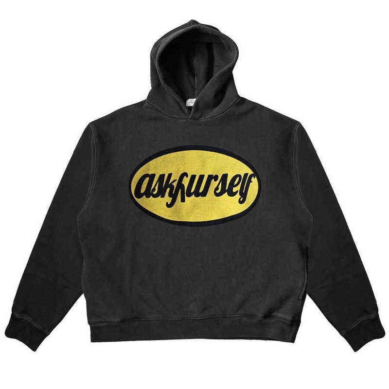 

High-Quality Yellow Embroidered Oval ASKYURSELF Men Hoodie Nice Washed ASKYURSELF Women Pullovers Sweatshirts T220726