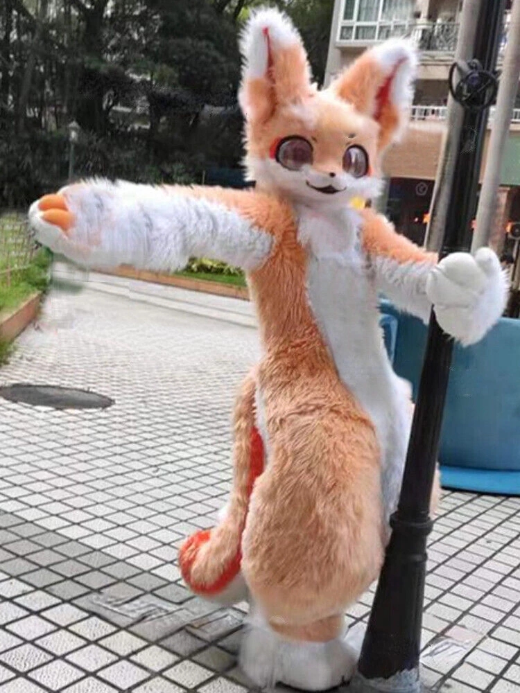 

Cute Fursuit Light Orange Furry Outfit Halloween Costume Suit Long Fur Husky Dog Fox Mascot, As pic