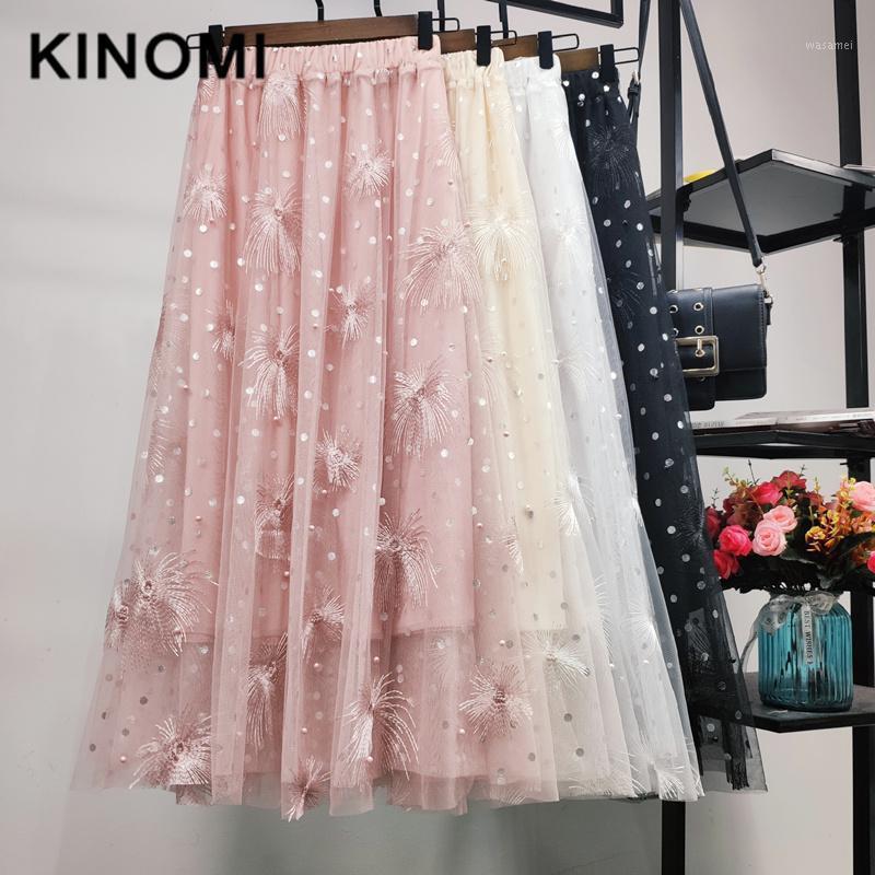

Skirts KINOMI 2022 Spring Summer Sequined Mesh A-Line Tulle Elegant Feather Long High Waist Korean Style, Pink