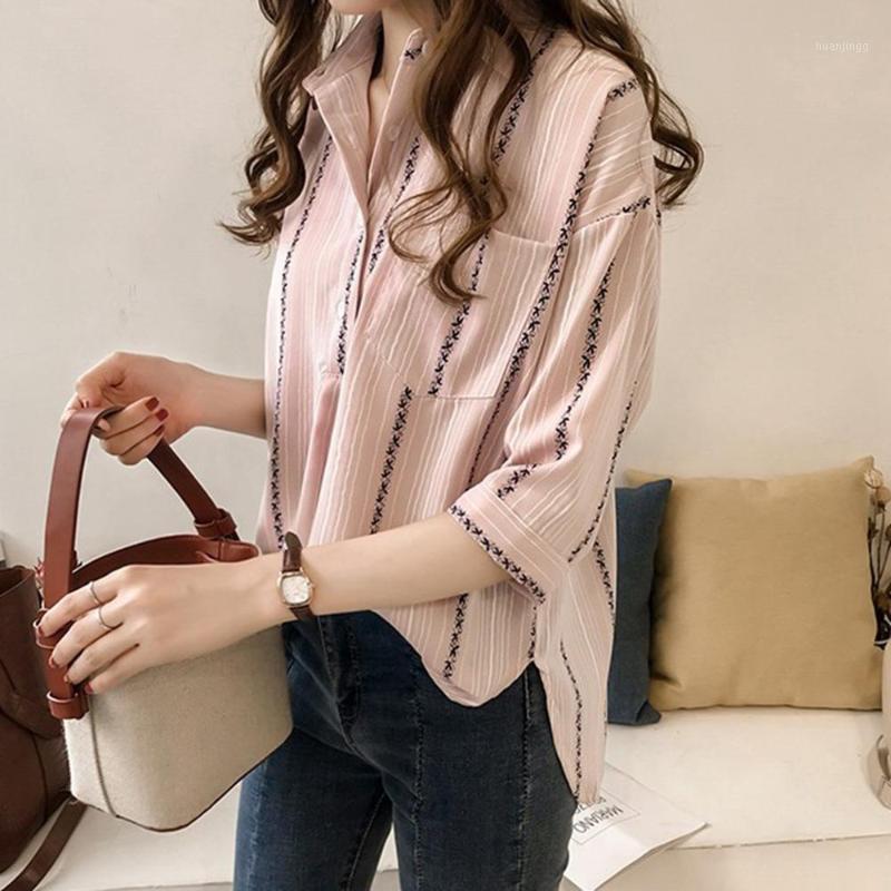 

Plus Size Women Blouse Fashion Turn-down Collar Striped Print Three Quarter Sleeve Button Shirt Office T# Women's Blouses & Shirts, Pink