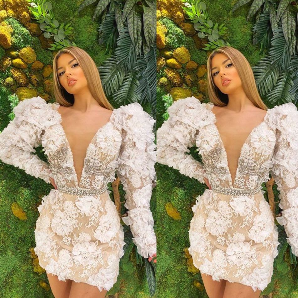Robes de Cocktail Sexy, col en V profond, robe formelle élégante à manches longues, fleurs sur mesure, Illusion, Mini robes de soirée