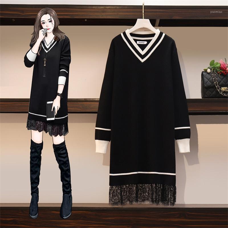

Casual Dresses Willstage Plus Size Dress -4XL Knitting Oversize V Neck Lace Patchwork Winter Women Bigger Sizes Clothes, Black
