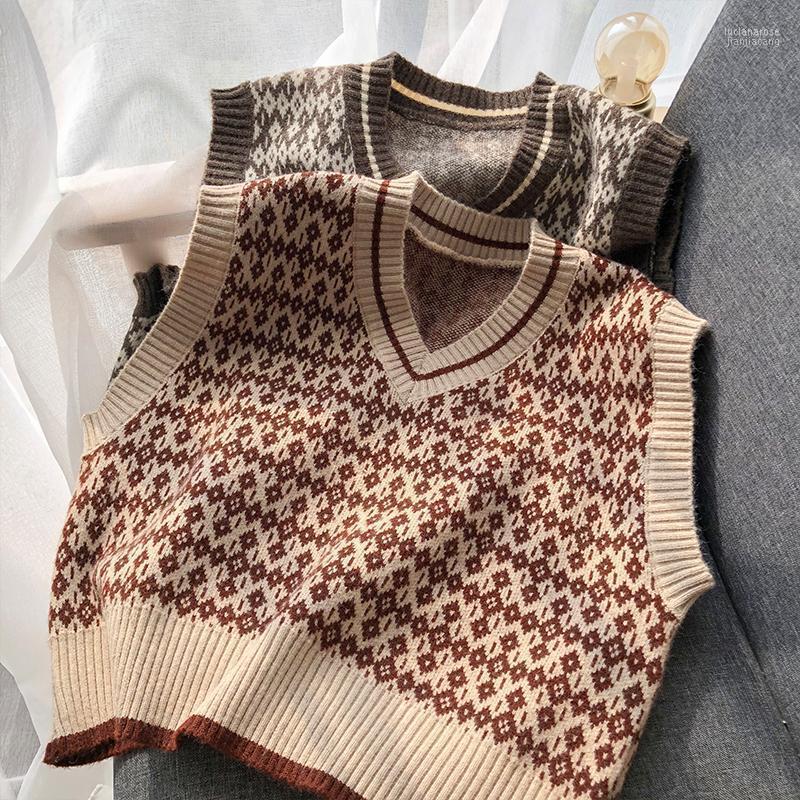 

Women's Vests Khaki Argyle Office Laddy Year's V-neck Knitted Vest Pullover Casual Winter Women Fall 2022 Clothing Luci22