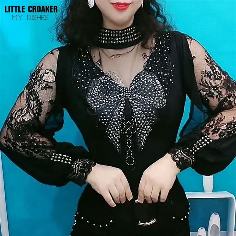 

Vintage Gothic Female T-shirts Lantern Sleeve Turtle Neck Women Lace Shirt Autumn Female Tshirt Patchwork Grunge Aesthetic Tops 220407, High neck