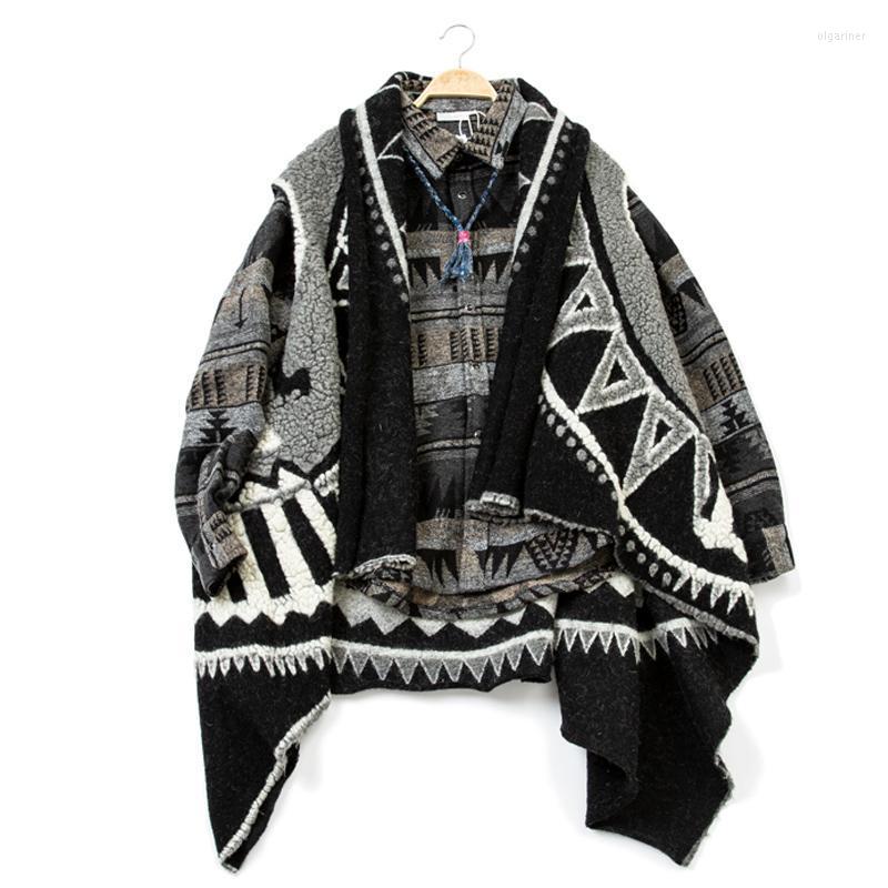 

Men's Sweaters Winter Style Japanese National Lamb Wool Women's Cloak Vest Ameikaji Men's Plaid Printing Loose CoatMen's Olga22, Black