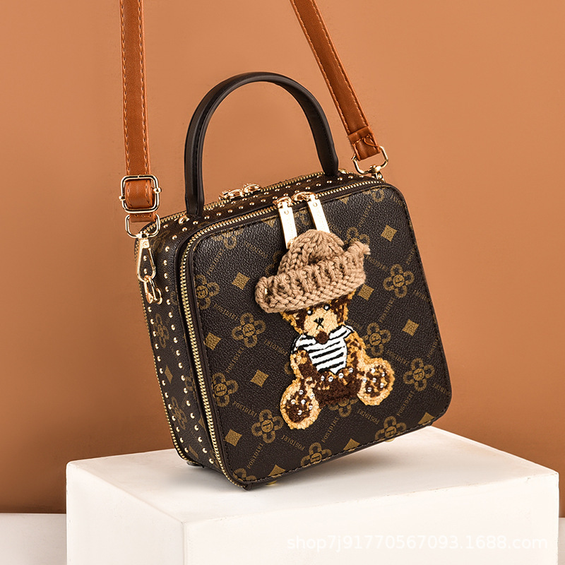 

Wholesale ladies shoulder bag sweet little fresh solid color leather handbags classic printed plaid handbag street trend cartoon embroidery messenger bags, Coffee-901