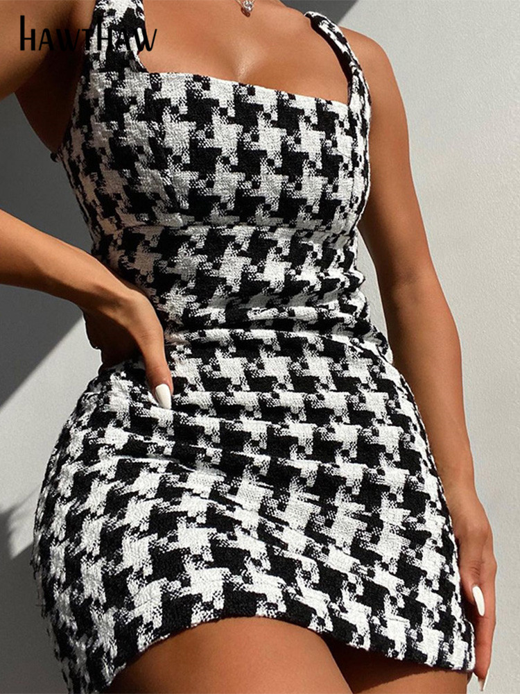 

Hawthaw Women Fashion Sleeveless Houndstooth Printed Bodycon Straps Black Mini Dress 2022 Summer Clothes Wholesale Items