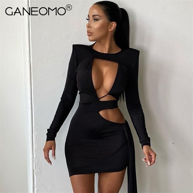 

Black Sexy Hollow Out Bodycon Dresse Autumn Bandage Long Sleeve Elegant Party Evening Wrap Mini Dress Club Outfits 220402