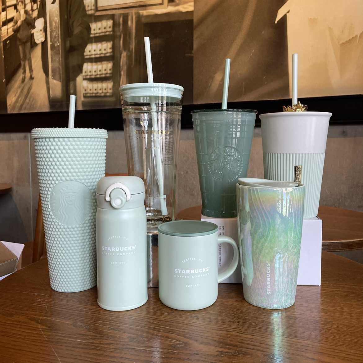 2021 Starbucks cup fairy fog green mint green cut glass ceramic straw water cup thermos cup-image-760719980