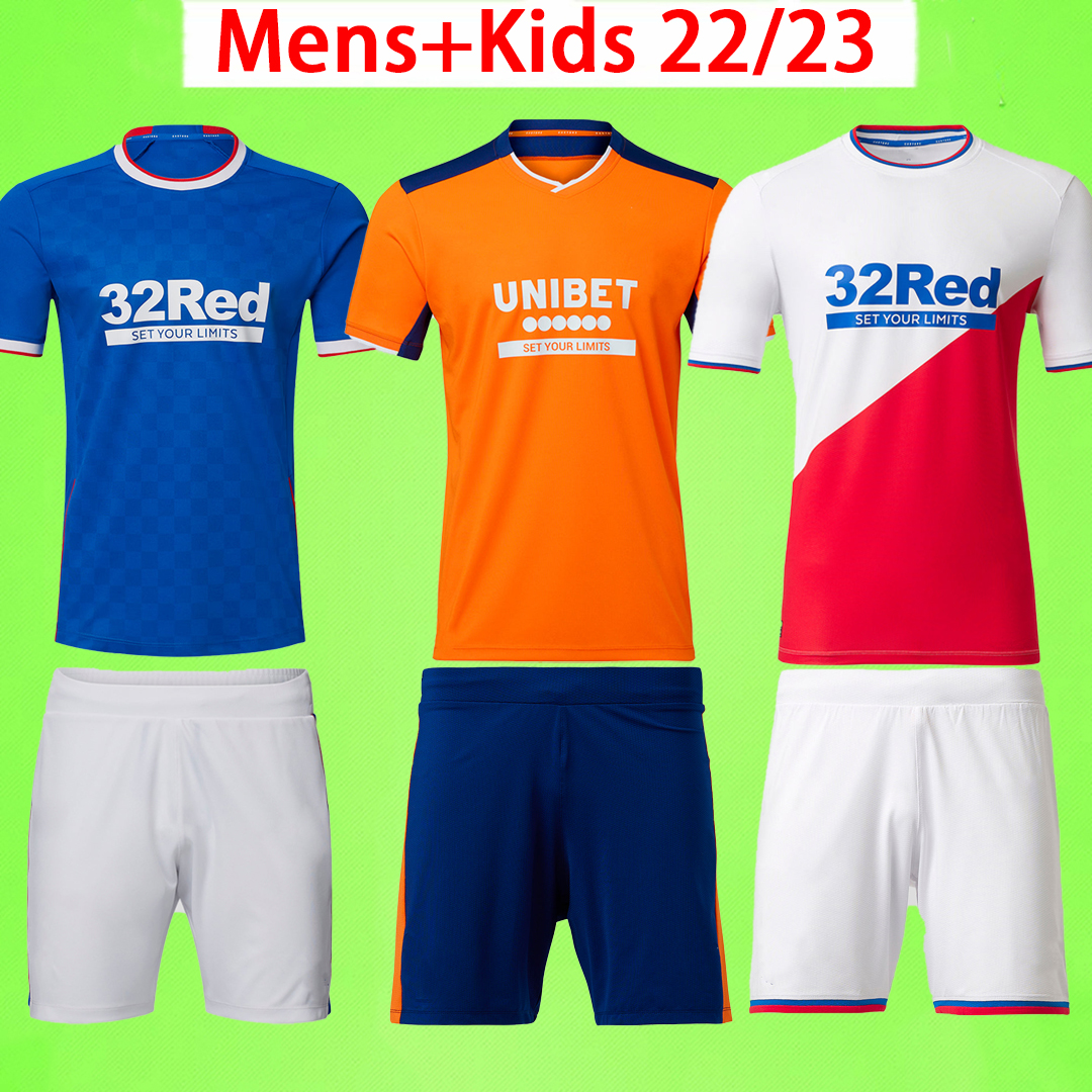 

Mens Kids Kit with shorts 2022 2023 Rangers boys sets Soccer Jerseys Glasgow Legends 22 23 DEFOE HAGI BARKER KENT TAVERNIER adult Football Shirts children top quality, 2022/2023 home