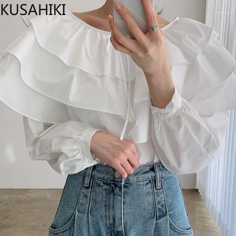 

Women's Blouses & Shirts KUSAHIKI Korean Layered-ruffle Bow Tie O-neck Pullover Blouse Tops Chic Puff Sleeve Woman Autumn 2022 Blusas 6L594, White