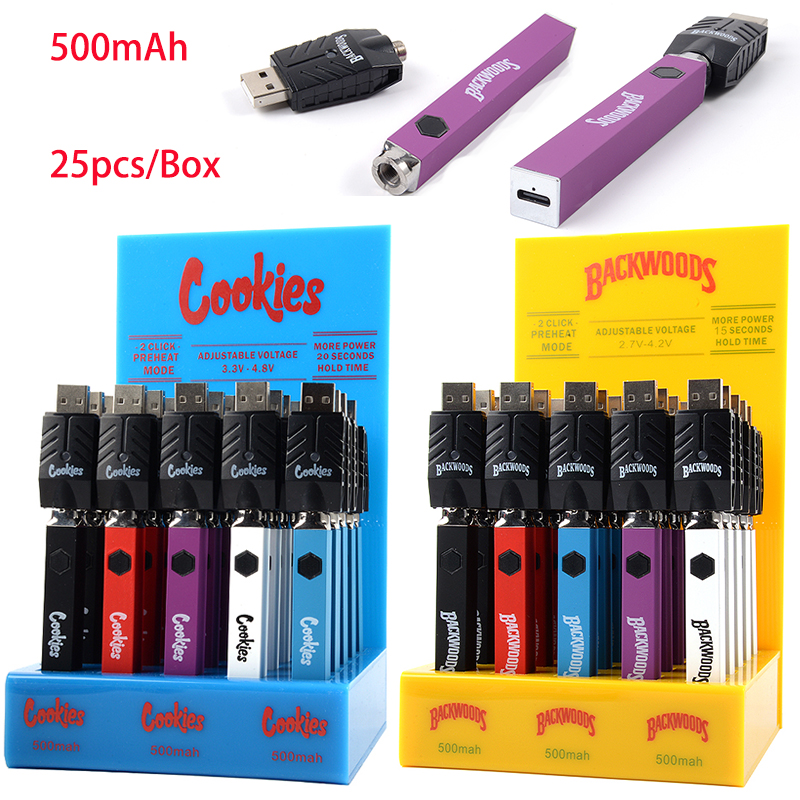 

Cookies Backwoods 500mAh 510 Batteries Spinner 3.3-4.8V Variable Voltage Twist Battery VV Preheating Adjustable USB cable Vape Carts 25Pcs