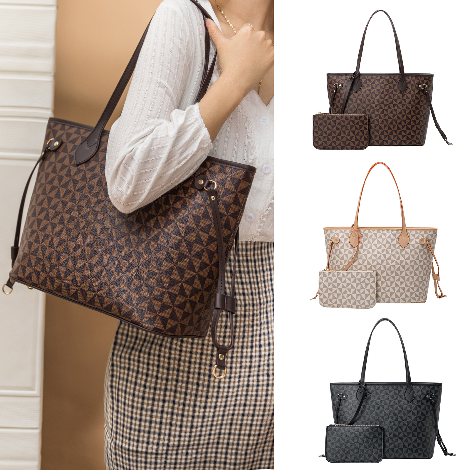 

Wholesale factory ladies leathers shoulder bags elegant casual plaid handbag simple large capacity wearable leather tote bag popular contrast leather backpack, Beige1-145