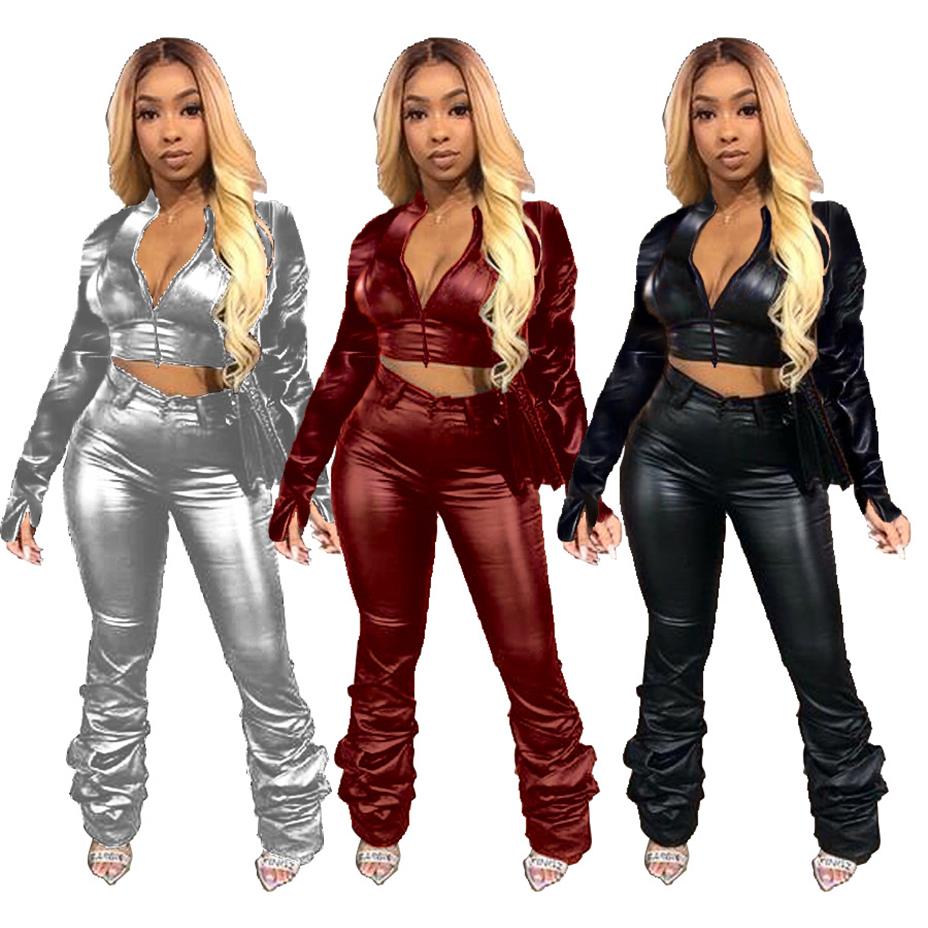 

Women Faux PU Leather Sexy Two Piece Set Long Sleeve Zipper Crop Jacket Top Stacked Pants Fashion Suit Female Clothing257Y