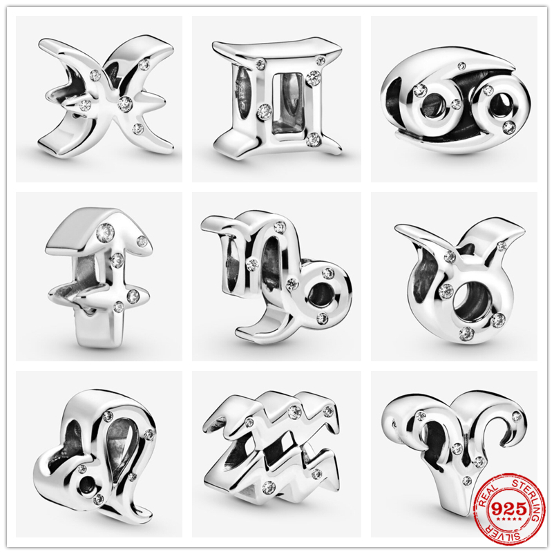 

925 Sterling Silver Dangle Charm New Sparkling Constellation Zodiac Bead Fit Pandora Charms Bracelet DIY Jewelry Accessories