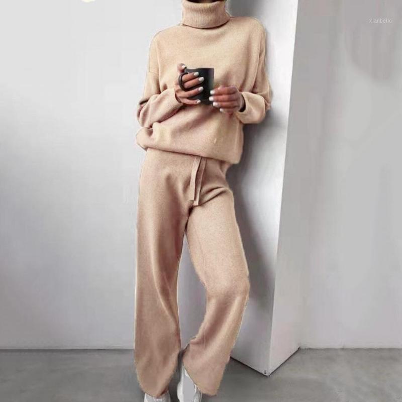 

Women' Two Piece Pants Fashion Long Sleeve Tops Winter Soft Knitted Lady 2 Set Turtleneck Pullover Outfits Autumn Solid Home Sui, Coffee