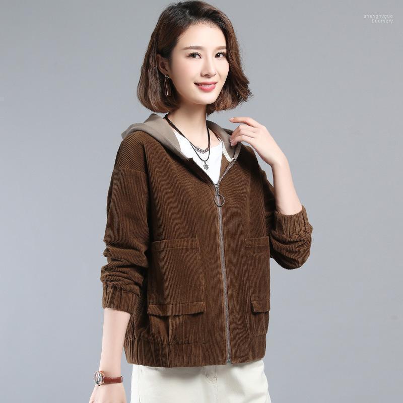 

Women's Jackets Women Corduroy Jacket Hooded Casual Zipper Long Sleeve Short Hoodies Outerwear Cropped Cotton Tops 2022 Spring Autumn, Beige