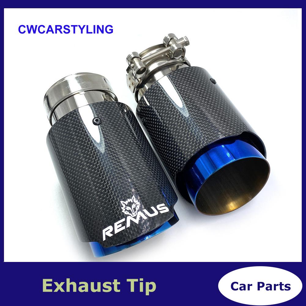 1 pièces tuyau d'échappement de voiture brillant carbone queue fin bleu acier inoxydable droite silencieux pointe bride avec Remus Logo pour Bmw