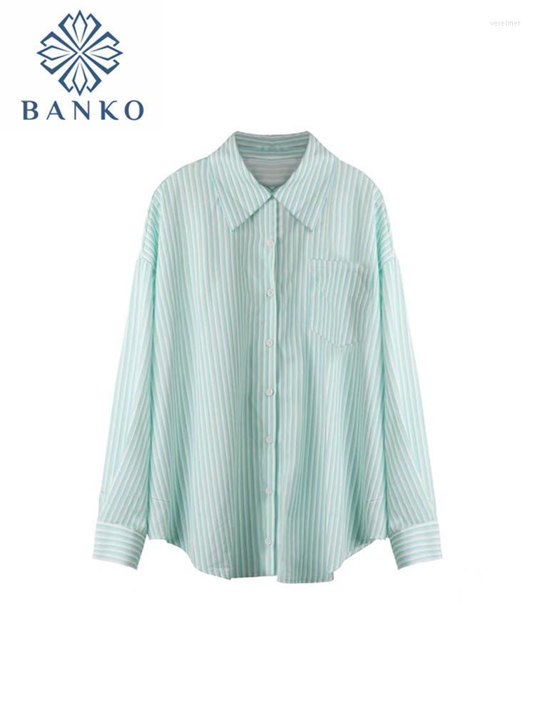 

Women's Blouses & Shirts Spring Summer Women Harajuku Striped Shirt Long Sleeve Neck Blouse Ulzzang Korean Casual Chic All-Match Oversized T, Green