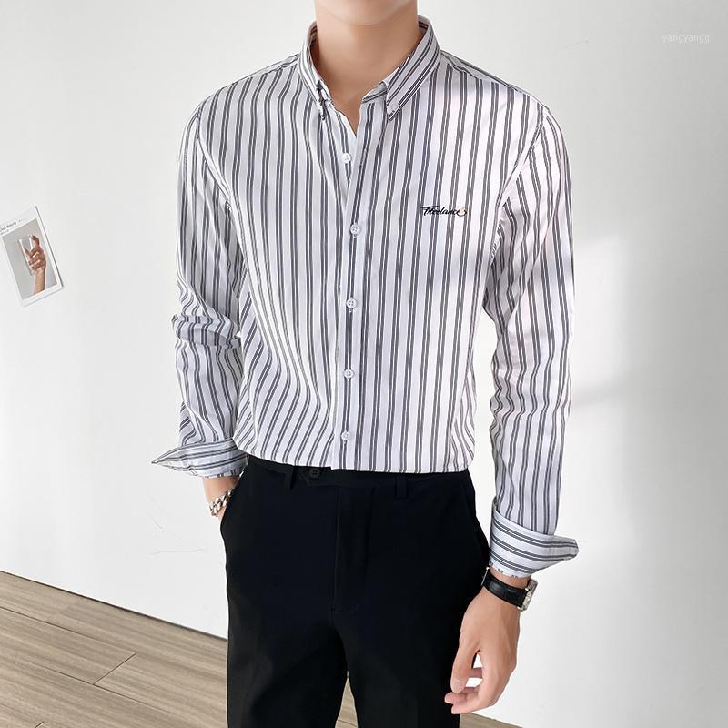 

Men's Casual Shirts Spring And Autumn Vertical Striped Slim Shirt Long Sleeve 2022 Korean Black Trendy, White