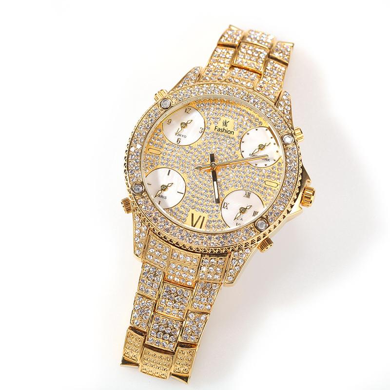 

Wristwatches Hip Hop Mens Quartz Watch 4 Dials Waterproof Watches CZ Stone Paved Bling Iced Out Stainless Steel For Men Charm JewelryWristwa, Gold
